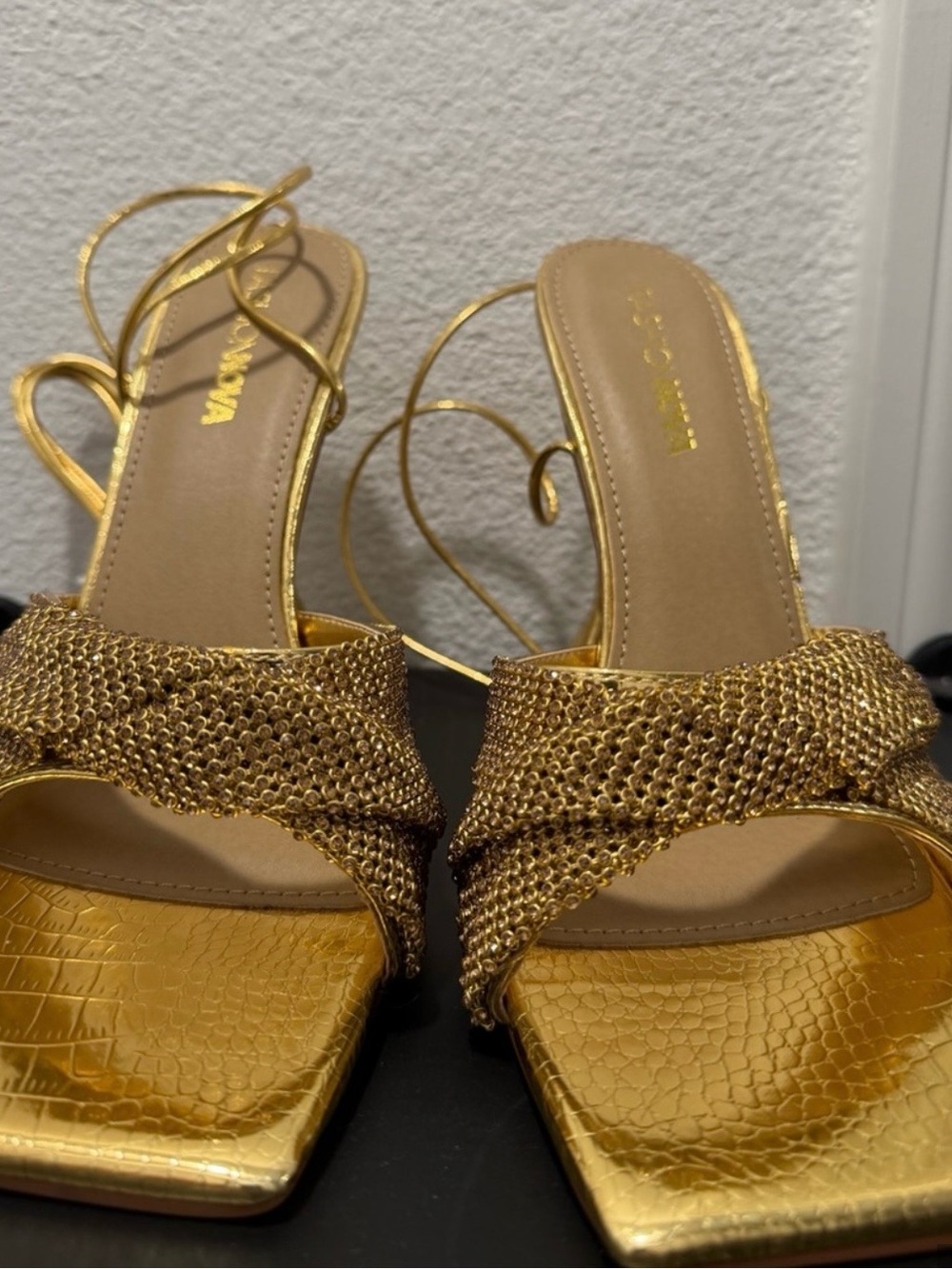 Fashion Nova Gold Metallic Wrap Strap Heeled Sandals